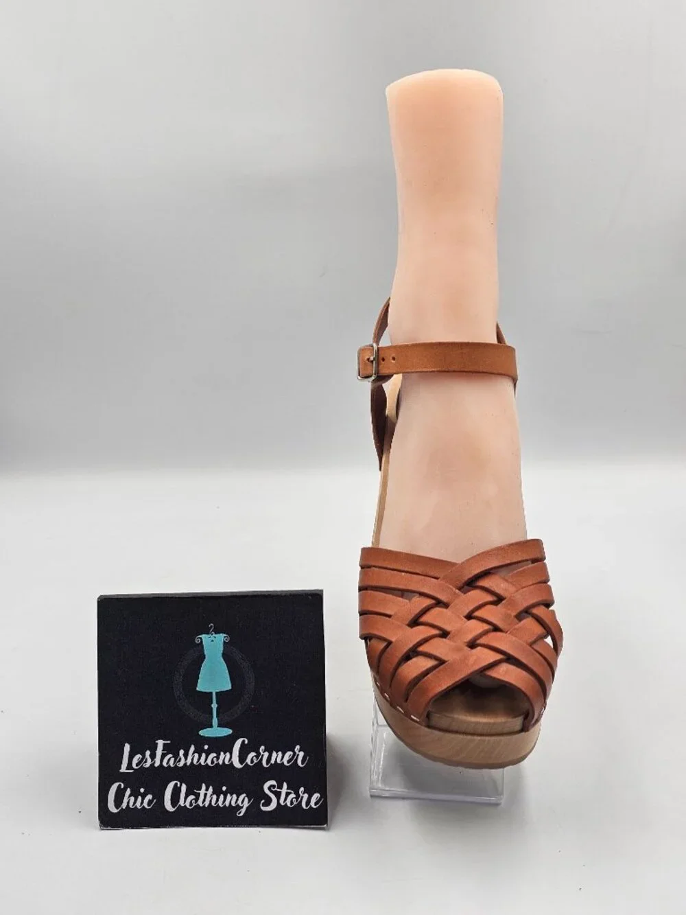 Swedish Hasbeens Womens Braided Tan Leather Sky High Wooden Clogs Sz 9.5 3719 - Picture 16 of 16